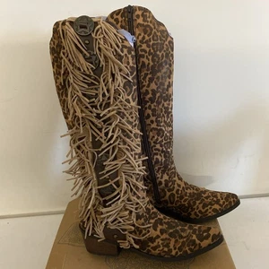 NEU Naughty Monkey Leopardenmuster kniehohe Leder Fransen Stiefel Damengröße 8 - Bild 1 von 12