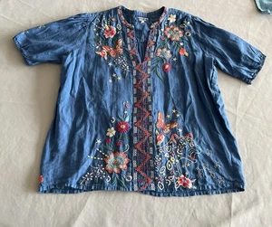 Johnny Was Blue Embroidered Small Floral Top - Picture 1 of 8