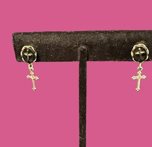 Vintage Cross Gold Tone Pierced Earrings #3319 - Picture 1 of 3