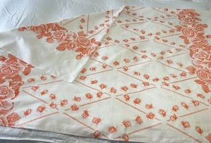 Vintage Peach Roses Tablecloth Cream Floral CottageCore 81” X 62” EUC Shabby - Picture 1 of 6
