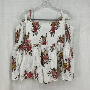 Torrid Women’s Smocked Cold Shoulder Blouse White Pink Yellow Floral Size 00 - Picture 1 of 14