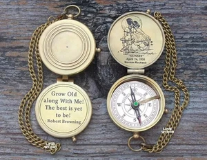 Grow Old Along With Me Engraved Brass Compass On Chain With Leather Case Gift 2" - Picture 1 of 8