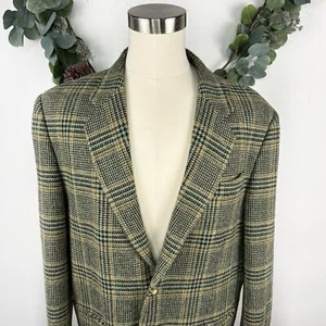 Vintage 90s Structure Mens Blazer Jacket XL Wool Plaid Tweed Green Blue Oversize - Picture 1 of 11