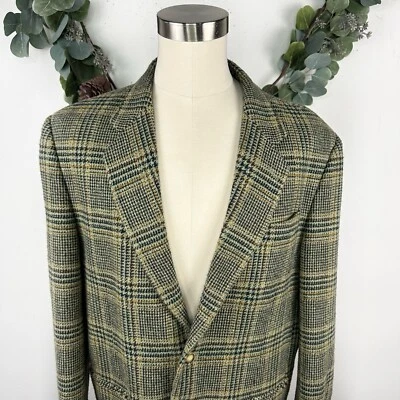Vintage 90s Structure Mens Blazer Jacket XL Wool Plaid Tweed Green Blue Oversize - Image 1 of 4