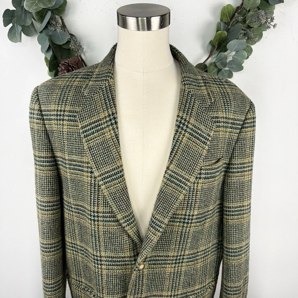 Vintage 90s Structure Mens Blazer Jacket XL Wool Plaid Tweed Green Prep Academia - Image 1 of 4