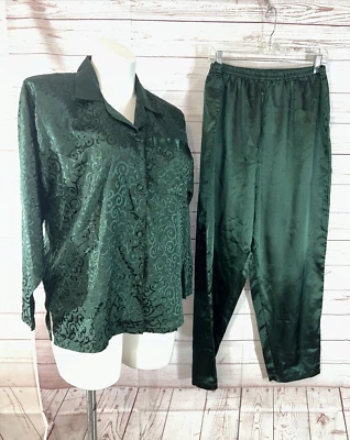 Amanda Gray Womens Size Large Two Piece Pant Pajama Set Green Paisley Button up - Image 1 of 4