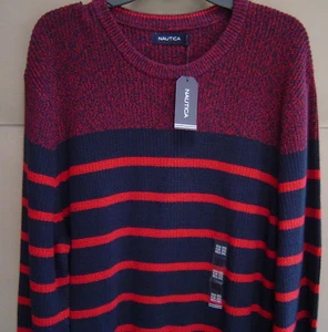 NWT $90 NAUTICA Mens XXL BRETON STRIPE COTTON SWEATER Navy Blue & Red S63101 - Picture 1 of 4