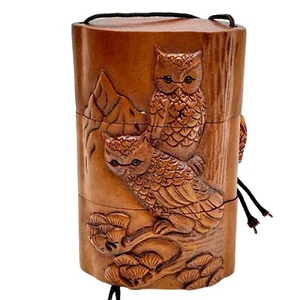 Hand-Carved Owl Inro Box Hard Wood Netsuke Ojime on Cord Signed - Picture 1 of 14