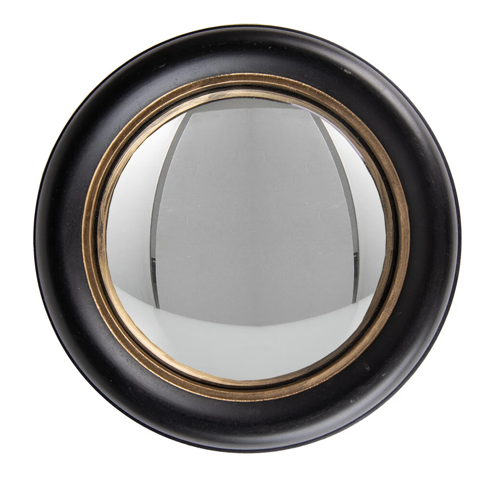 Antiqued Black Convex Fisheye Porthole Mirror Round Glass Gold Distress Rim 27cm - Image 1 of 1
