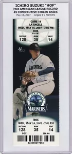 Ichiro Suzuki MLB AL RECORD 45 ROBOS CONSECUTIVOS Marineros 16/05/2007 boleto completo - Imagen 1 de 11