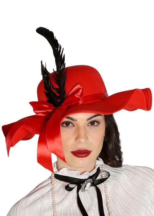 Adult Size Womens Victorian Lady Fancy Dress Red Wide Brim Hat with Feather - Image 1 of 1