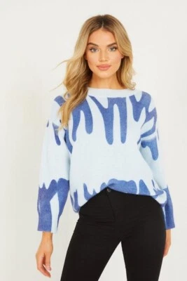 QUIZ Women’s Blue Spray Print Oversized Jumper Sweater UK S RRP £35 - Image 1 of 4