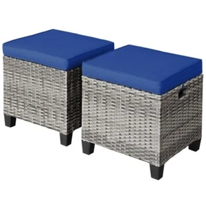 Set of 2 Ottoman Patio Outdoor Wicker Rattan Furniture Foot Stool Cushions Sofa - Picture 1 of 12