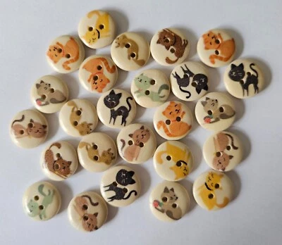 25 Cat Patterned Buttons Two Hole Round Wooden Size 15mm - Image 1 of 2