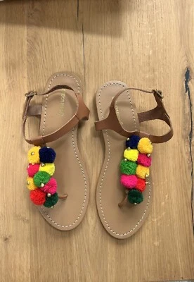 Sandalias planas London Rebel de cuero marrón pompón UK7 Foto 1 de 4