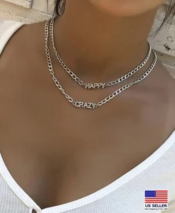 Fashion Women Crystal Necklace Creative Words HAPPY CRAZY Pendant Bling 1430 - Picture 1 of 3