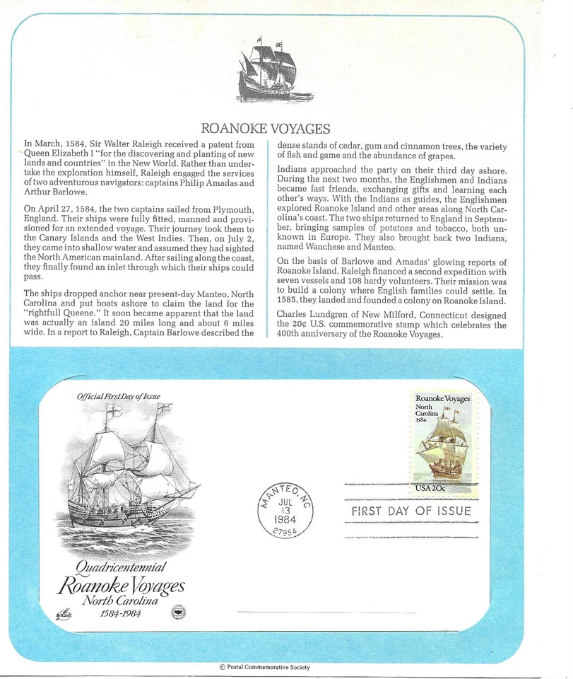 1984 Roanoke Voyages North Carolina, Manteo Sc 2093 FDC info page PCS ArtCraft - Image 1 of 1