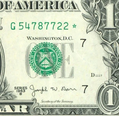 ** ЗВЕЗДА ** $1 1963 ((ДЖОЗЕФ БАРР)) Федеральная резервная банкнота ** бумажная валюта - Изображение 1 из 3