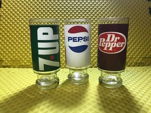 Set of 3 Vintage 12 Ounce 6-1/2" Footed Soda Glasses Pepsi - 7UP - Dr Pepper - Picture 1 of 13