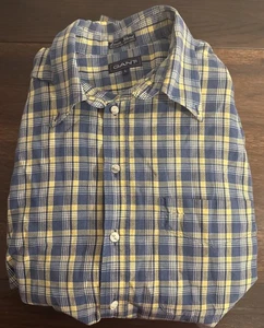 MISSING TOP BUTTON Mens GANT Plaid Blue / Yellow Linen-blend shirt Size Large L - Picture 1 of 12