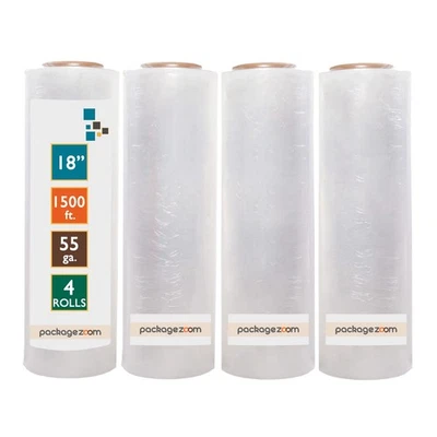 4 Rolls 18” x 1500ft Heavy Duty Stretch Wrap Film – 55 Gauge Clear Plastic Pa... - Image 1 of 4