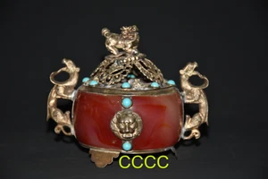 China Unique Silver Copper Inlaid Red Jade Dragon Lion Incense Burner - Picture 1 of 9
