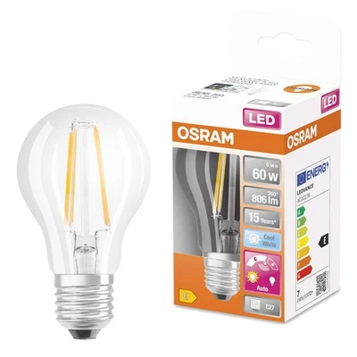 Osram LED Filament Birne A60 6,5W = 60W E27 klar 806lm kaltweiß Tageslichtsensor - Bild 1 von 4