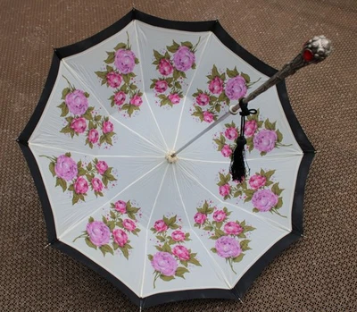 MARAVILLOSO PARAGUAS PARA MUJER MANGO GEMA ANTIGUO con FLORES - ITALIANO con FUNDA Foto 1 de 4