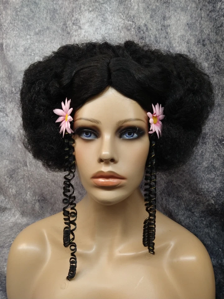 Peluca Polinesia Rosa Margarita Hippie Afro Años 60 Woodstock Disco Island Gal FlowerChild Foto 1 de 4