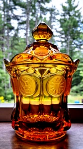 Fostoria MCM Amber Torch 1887 Eagle Liberty Coin Covered Candy Dish 6 1/4" T - Picture 1 of 15