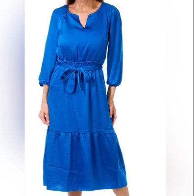 Новый Lucky Brand Royal синий 3/4 рукав v-образным вырезом атласный Midi галстук талии платье L - Изображение 1 из 4