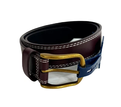 Пояс клубной комнаты двойной стежок мужской маленький 30-32 бордовая кожа золотая пряжка - Изображение 1 из 4