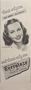 Anuncio estampado vintage Miss America Bess Myerson acabado tela Everglaze lavable 1946 - Imagen 1 de 2