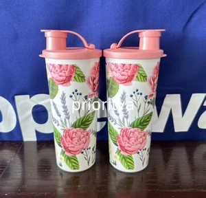 Tupperware Love Blooms Vaso Recto 16oz con Juego de Sello Tapa Abatible 2 Rosa Nuevo - Imagen 1 de 4