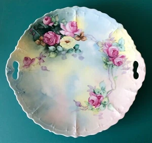 Vintage viktorianisch französisch handbemalt Porzellan rosa gelbe Rosen Kuchenteller - Bild 1 von 10