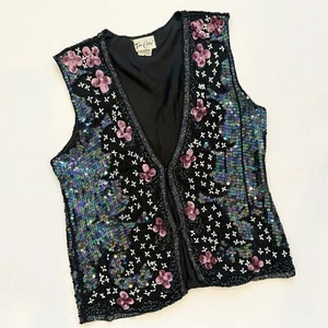 Gilet da sera vintage seta paillettes floreale iridescente scintillante nero rosa M - Foto 1 di 15