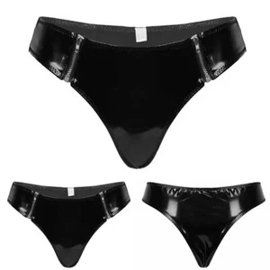 Womens PVC Zip Thongs G-String Wet Look Bikini Briefs Panties Underwear - Picture 1 of 11