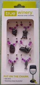 Pewter Wine Charms "True Winery" Theme Set of 6-grapes Corkscrew Barrel Bottle - Picture 1 of 3