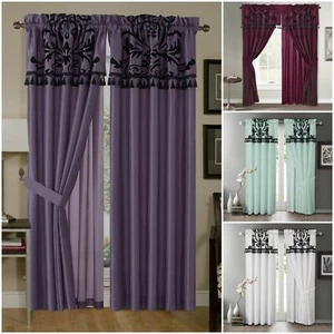 Nobility 2-Panels Faux Silk Flocked Floral Window Curtain Set w/Attached Valance - Picture 1 of 4
