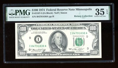 DBR 1974 $100 FRN Minneapolis Fr. 2167-I PMG 35 EPQ Serial I04791830A - Image 1 of 2