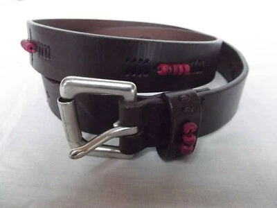 Old Navy brown leather 1in belt S roller silver tone buckle red beaded NEW - Image 1 of 4