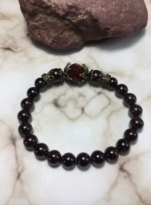 Handmade Healing Garnet Stone Czech Stretch Bracelet USA - Image 1 of 3
