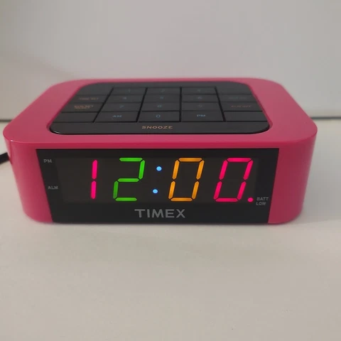 Timex T123P Pink Alarm Clock Big Colored Numbers Volume Adjust Easy Set Battery Cover