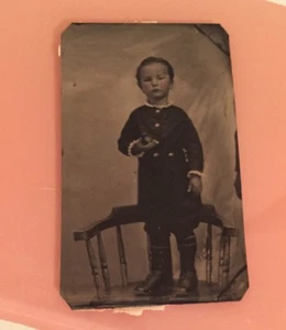 Original Antique Tintype Photo Adorable Child Virgil Holding Bit 🍏 Apple - Picture 1 of 3