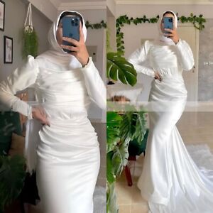 Muslim Wedding Dress Satin Mermaid Halter Neck Long Sleeves  Bridal Gowns Custom
