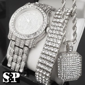 Men Hip Hop Iced White Gold PT Lab Diamond WATCH & BRACELET & NECKLACE Set - Picture 1 of 12
