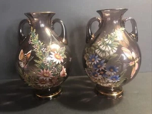 Pair of antique Moser glass vase/Bohemian/Enamel flowers/Butterfly/Czech C.1920 - Picture 1 of 12