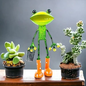 Whimsical Metal Frog & Bucket Figurine Charming Garden Statue Playful Home Decor - Picture 1 of 4