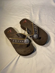 Women's Justin Boot Rhinestone Silver Concho Bling Wedge Sandal Sz. 8 - Picture 1 of 8