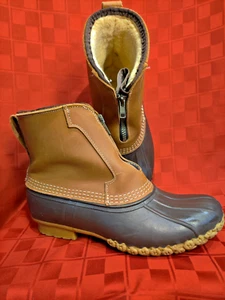 LL Bean Women's Brown Leather Fleece Lined Front Zip Insulated Duck Boots Sz 8 M - Picture 1 of 11
